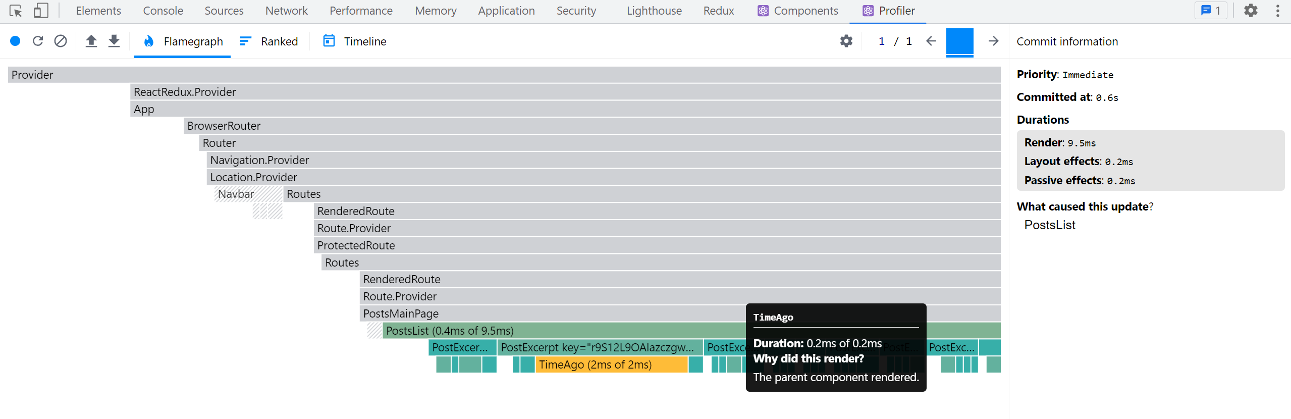 React DevTools Profiler 渲染 - <PostsList>